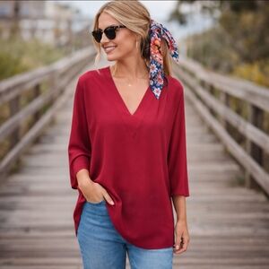 LOFT Flowy V-Neck Tunic Blouse Red Long Sleeve Top Capsule Basic Light Sz S
